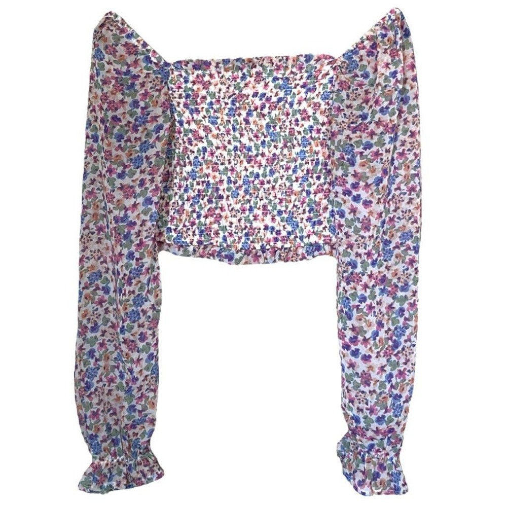 Jopas Floral Smocked Crop Top‎ Size S Long Sleeve Square Neck Blouse